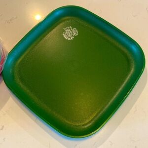 5 Tupperware Square Christmas Plates Green Red Dove Snowflake New!